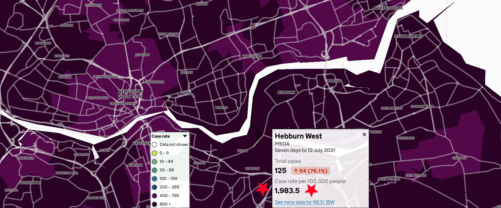 Hebburn West now nearly 2,000 cases per 100,000 people