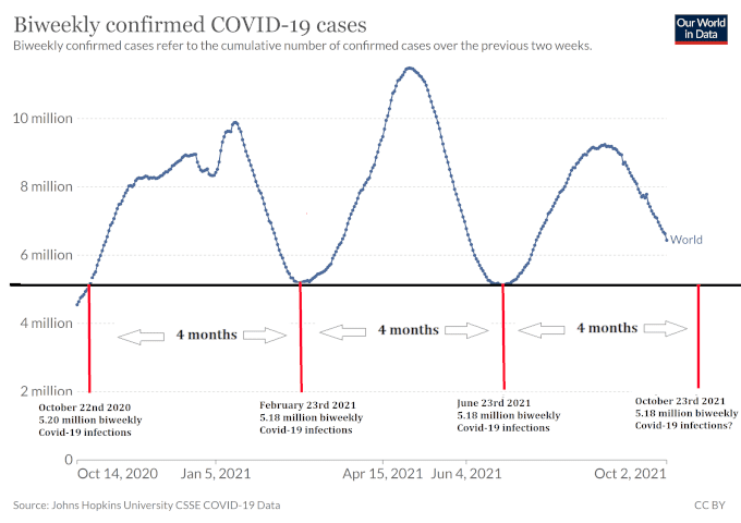 Is Covid-19 on a four monthly global wave cycle?